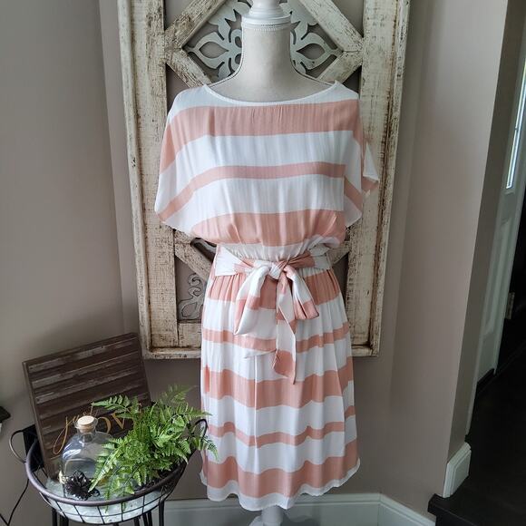 Oddy Women's Short Sleeve Dolman T-Shirt Tie Elastic Waist Midi Dress in Peach - Picture 1 of 9